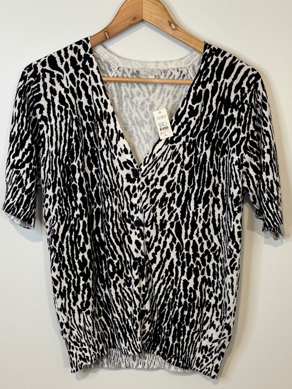 Talbots Black and White Animal Print Short-Sleeve Button Up Cardigan